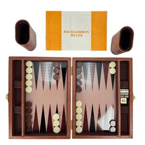 Magnetic Travel Backgammon Board Brown Vinyl Case Metal Playing Surface Complete